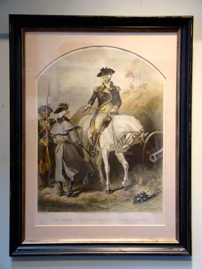 A hand colored engraving of George Washington saying "Put None But Americans on Guard Tonight" by F.Darley and published by An Act of Congress in 1859